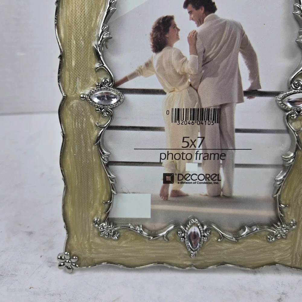 Decorel 5x7 Ornate Filigree Photo Frame Beige Enamel and Jewels Free Standing